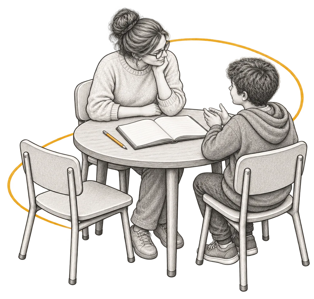 A tutor and a boy talking across a small round table with an open workbook between them.