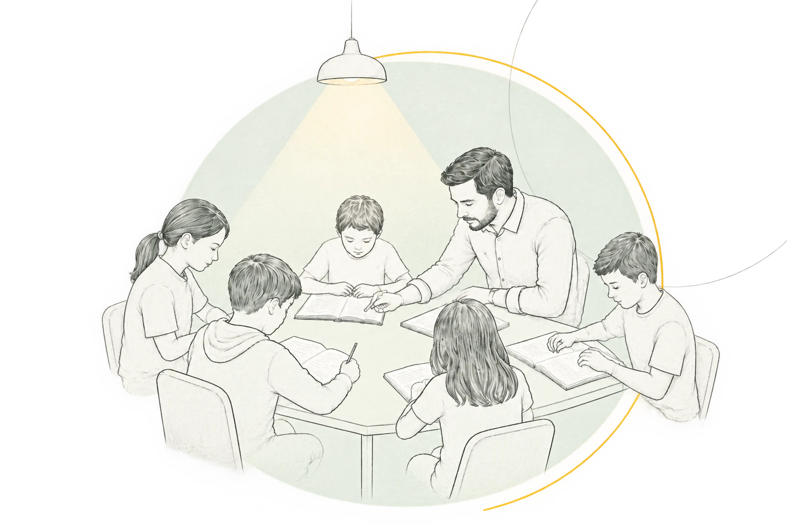 A tutor at a table with five children, each working on their own book.