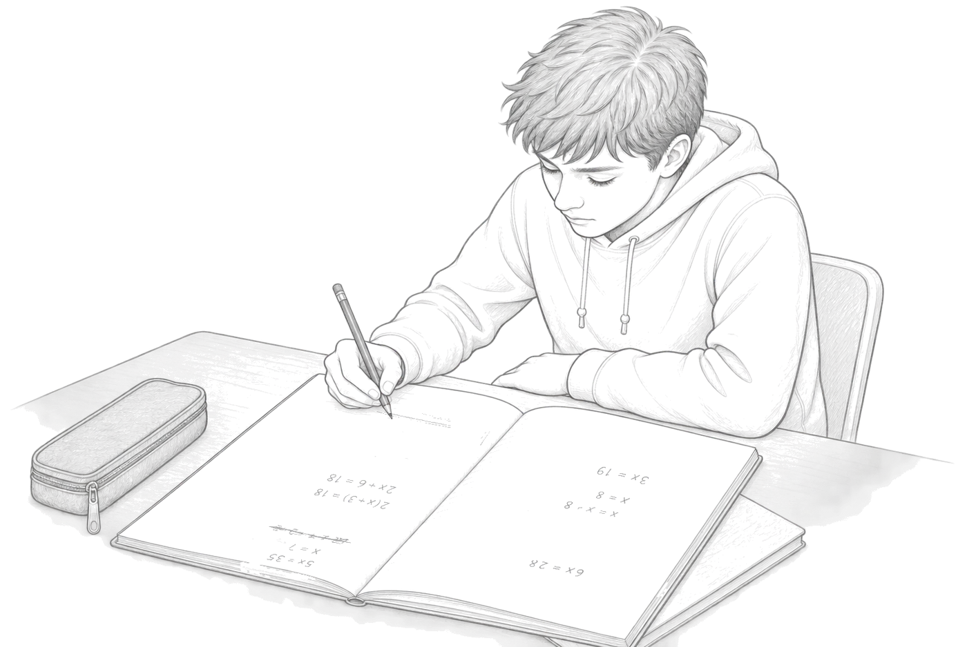 Pencil drawing of a teenager working through algebra in an exercise book, with one line crossed out and corrected.