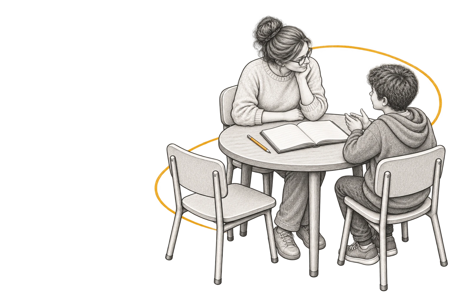An adult and a child sitting together at a small round table, looking at one open book. The adult rests her chin on her hand and listens while the child talks. A pencil lies on the table, and a third chair stands empty beside them.