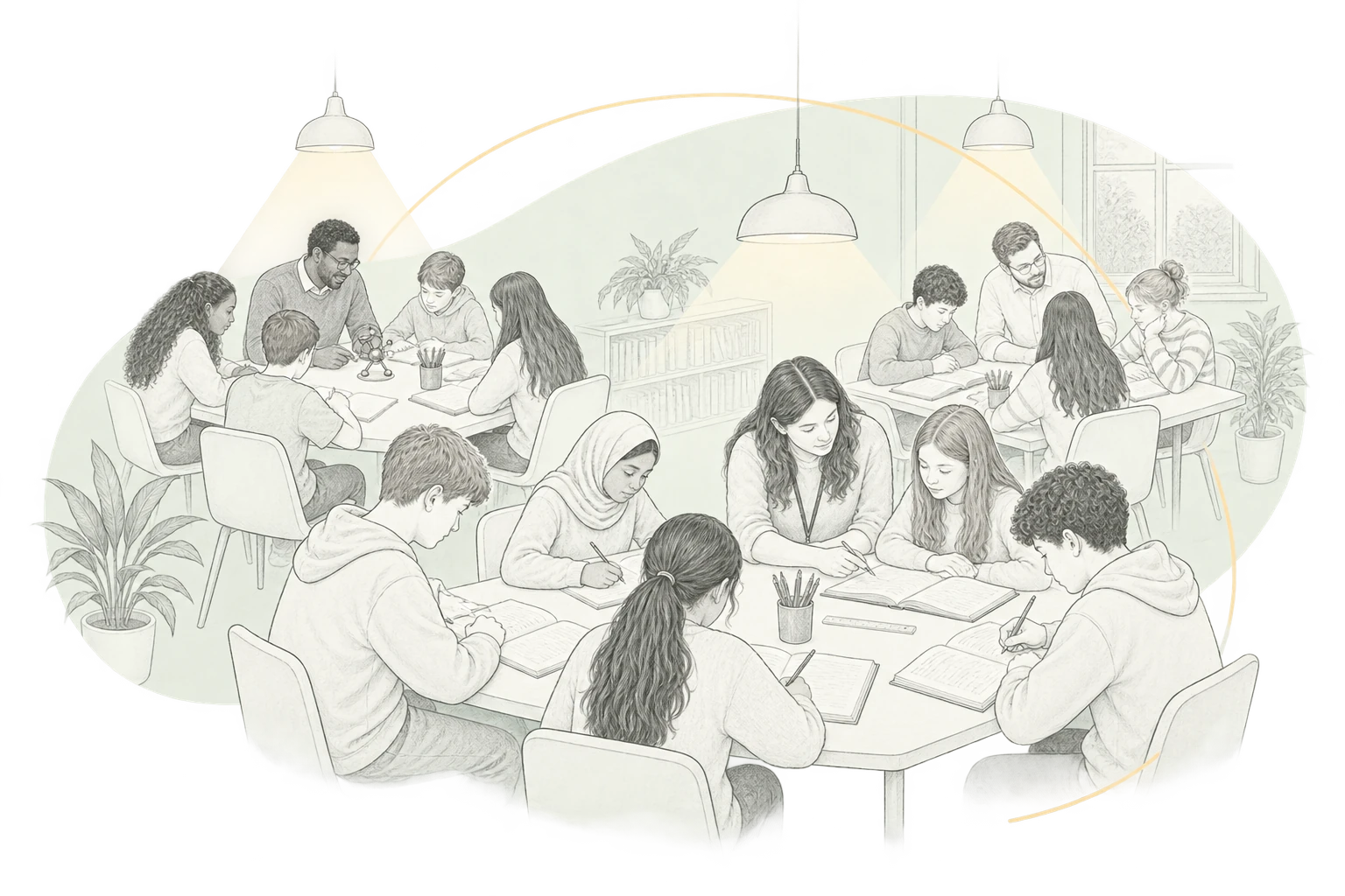 Three tutors working with small groups of children, each child on their own book.