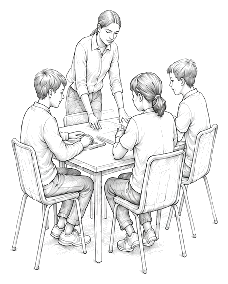 Pencil drawing of a tutor leaning over a table to help four primary-age pupils with their work.