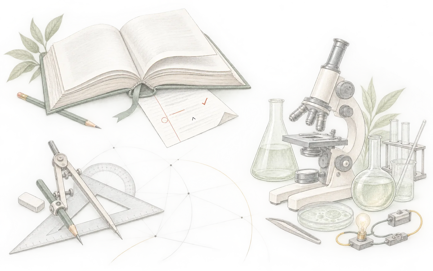Pencil and watercolour drawing of an open book, geometry instruments and a microscope with lab glassware.