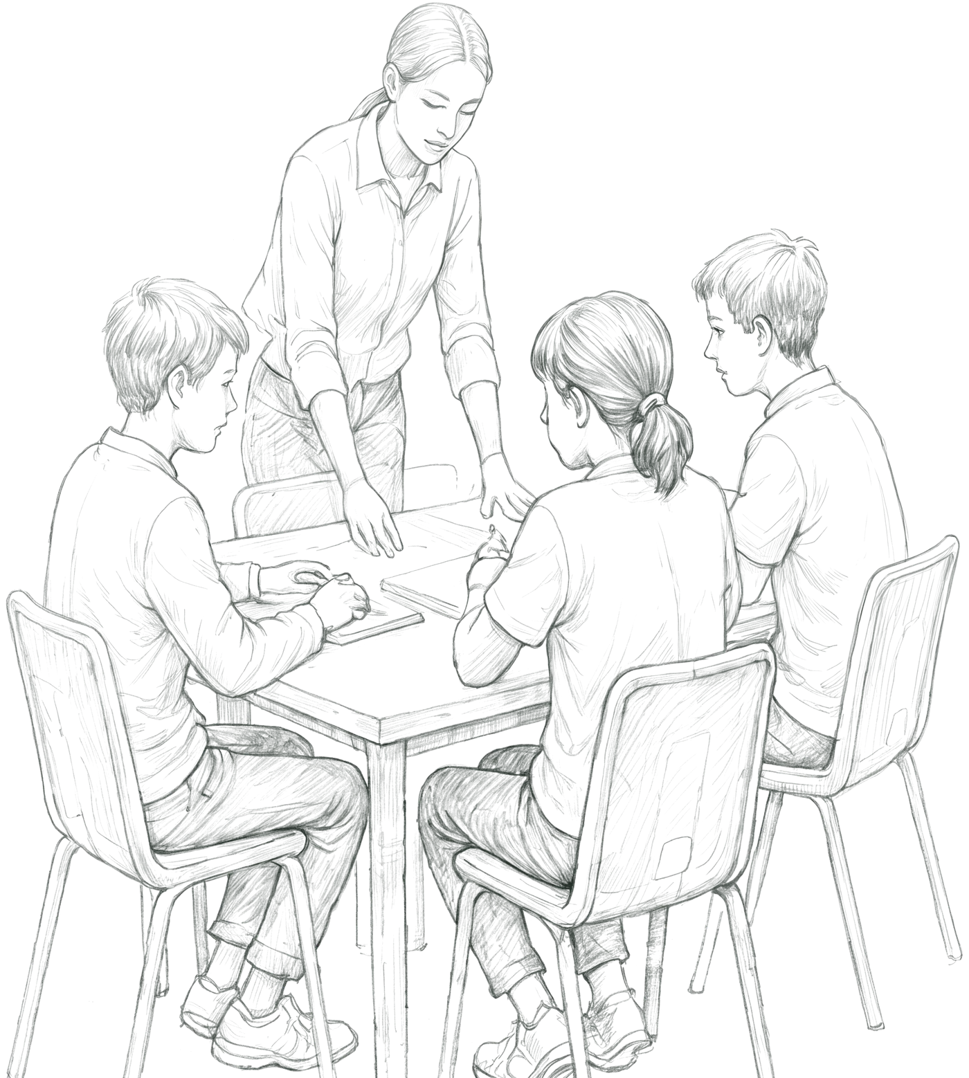 Pencil drawing of a tutor leaning over a table to help a small group of pupils with their work.