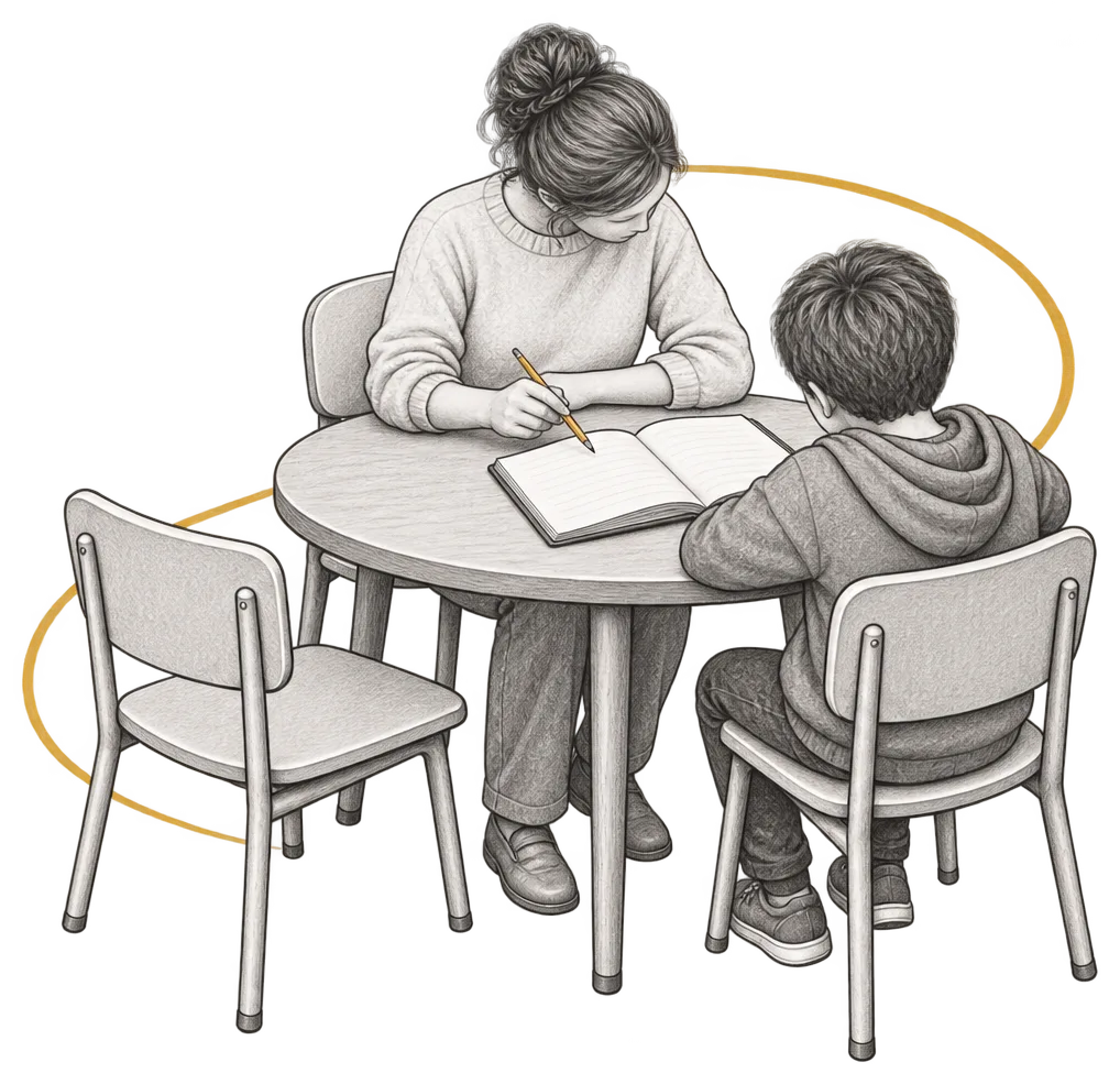 Pencil drawing of a tutor writing in an exercise book while a young boy watches beside her at a round table.