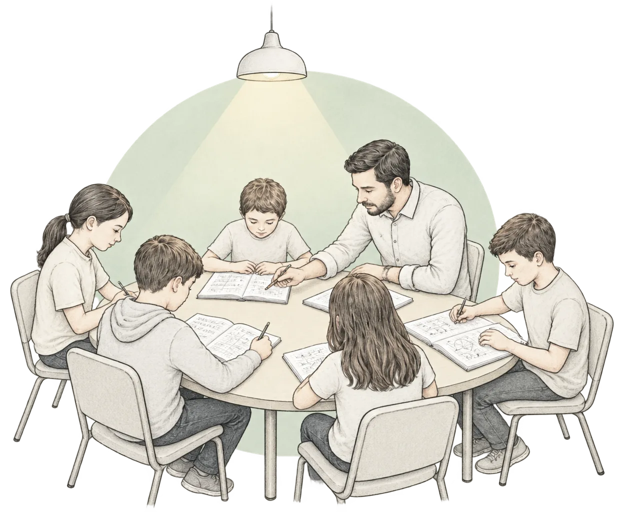 Pencil drawing of a tutor at a round table with five pupils, each working in a maths exercise book, leaning in to point at one child's work under a hanging lamp.